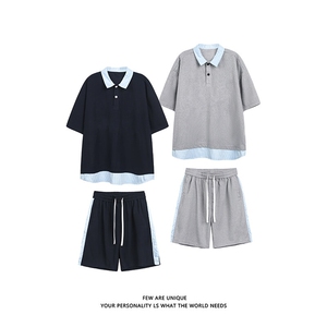抖音品质夏季新款假两件短袖POLO衫潮牌休闲套装男-A2119TP50控78,高腰修身针织衫搭配什么裤子图片