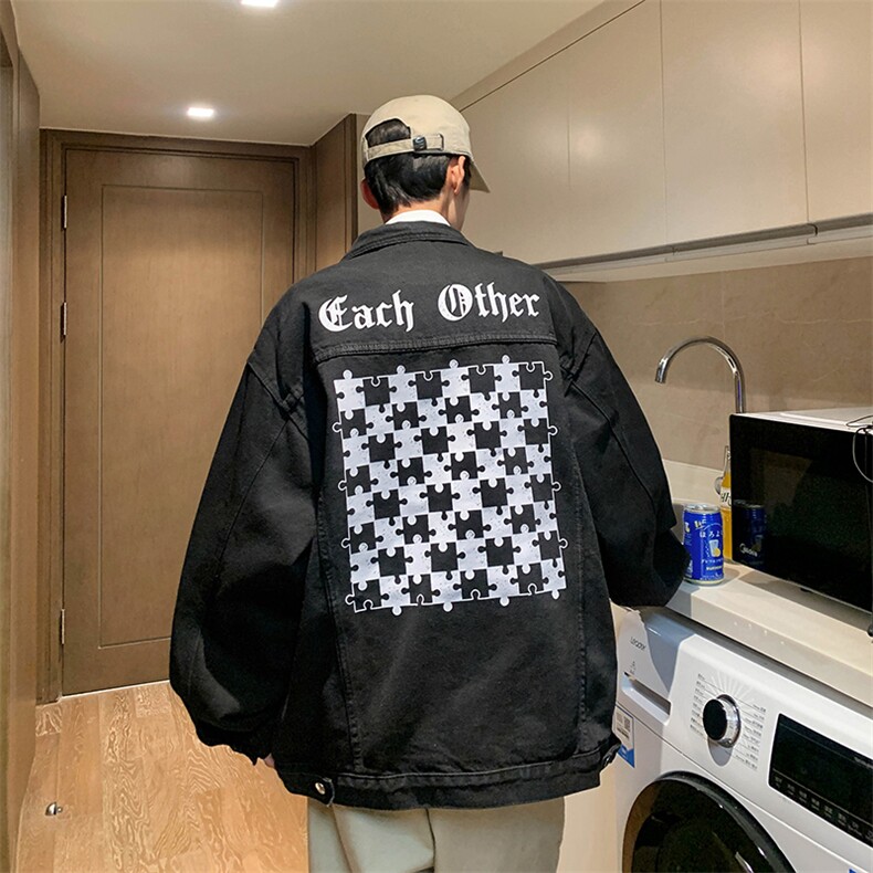 棋盘格复古牛仔外套男痞帅衣服款宽松百搭夹克JK1057-P88118,男装工装外套,星座1103-3