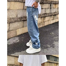 美式高街vibe风复古水洗做旧闪电贴布蓝色牛仔裤男宽松直筒长裤，男装牛仔裤，四季星座505