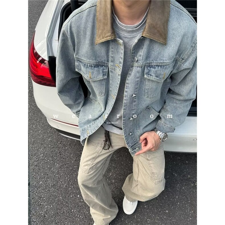 牛仔外套男女生春秋新款复古宽松翻领牛仔衣男士休闲夹克潮流网图，男装工装外套，星座302B
