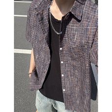 B221美式ins高街宽松薄款泡泡格短袖衬衫SY2548-特P35控59，男装T恤，电商B221