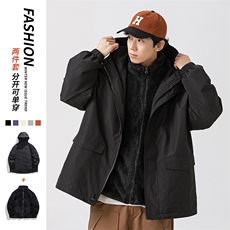 秋冬三合一连帽双层冲锋衣纯色宽松港风情侣棉袄外套MY9318P-115，男装棉衣，电商A128