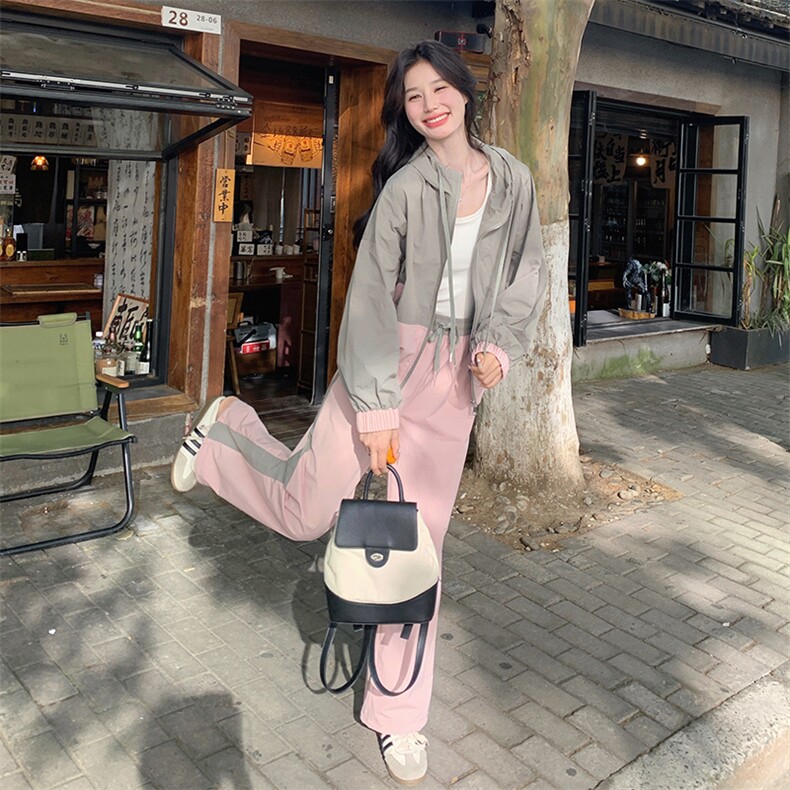 减龄时尚撞色拼接上衣阔腿裤套装女2025秋季新款韩系高级感两件套,女装套装/套裙,浙宝189