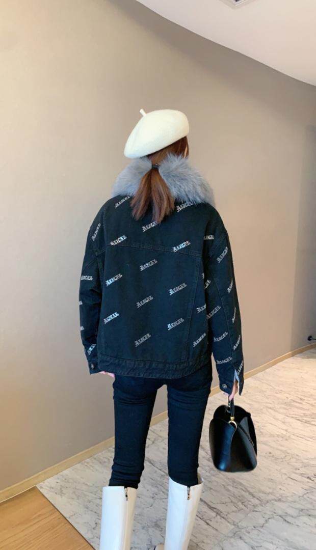 贴亮片款狐狸毛领短款派克服，女装，肆尔