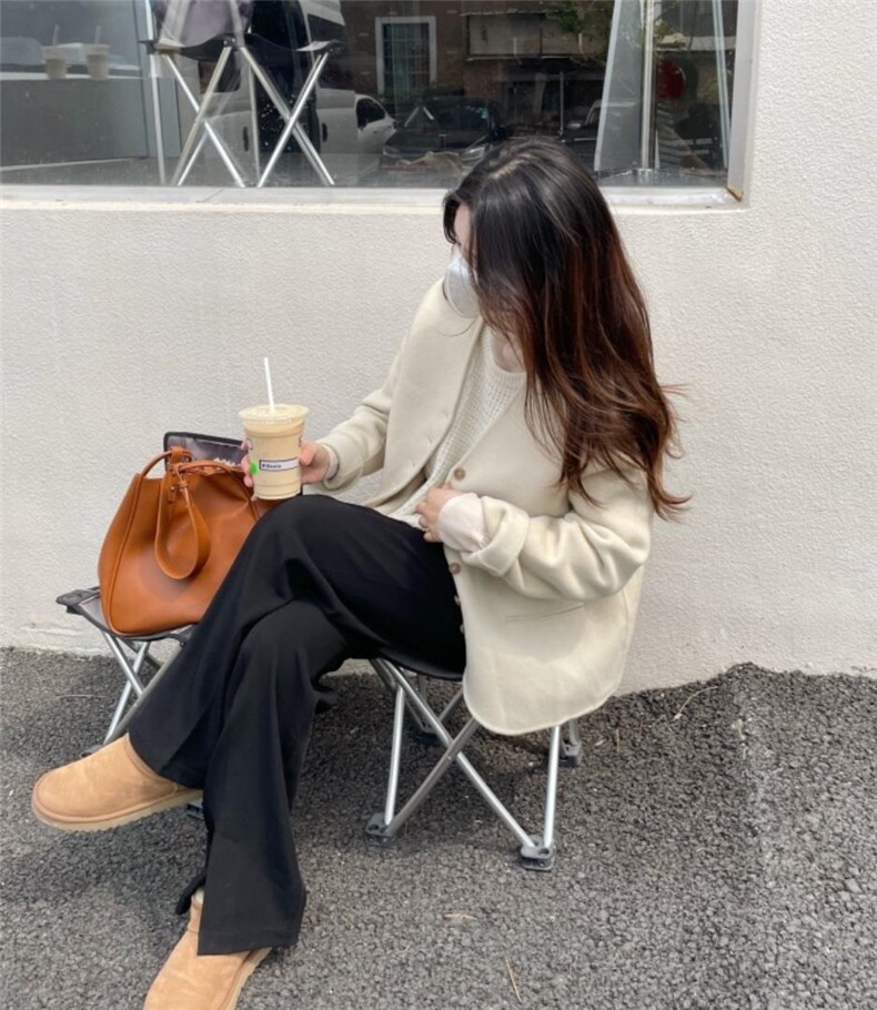 秋冬新款短款小v领排扣韩系简约羊绒大衣，其它，HJ