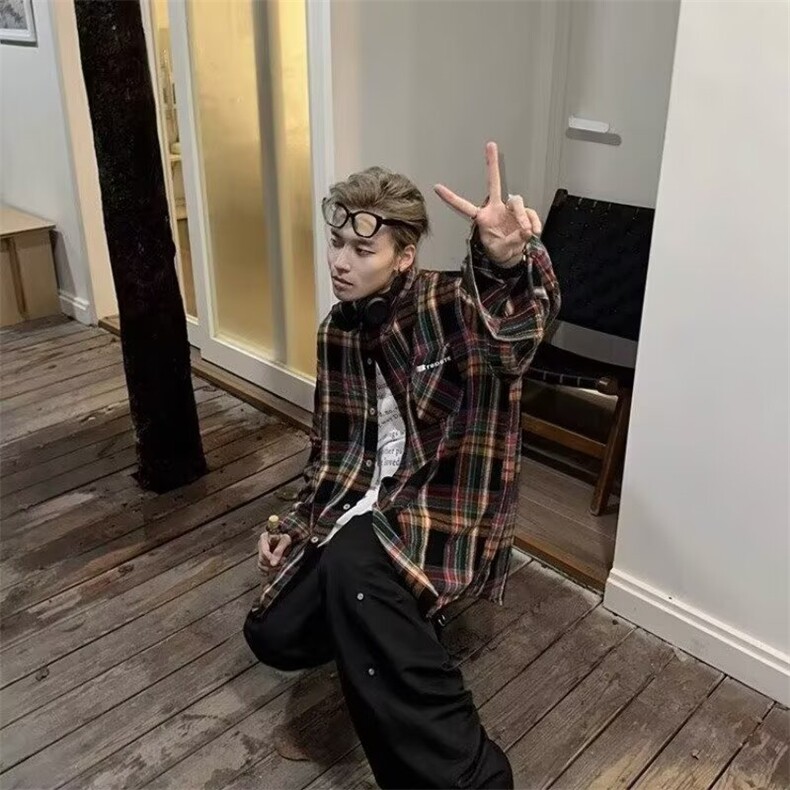 3004-P362025复古撞色格子长袖衬衫男女美式设计感衬衣防晒外套,男装防晒衣,电商B323A