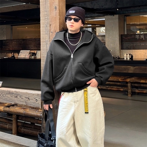抖音得物高品质26春装美式高街重磅宽松结构高领连帽卫衣外套W60