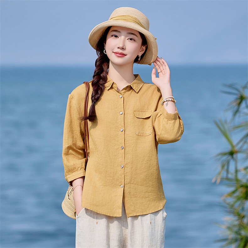 棉麻衬衫女2025夏季新款中年妈妈休闲宽松时尚洋气亚麻七分袖上衣，女装衬衫，涵誉