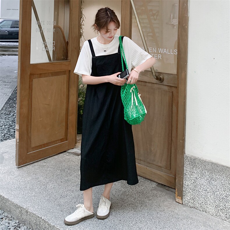 设计感黑色假两件背带连衣裙女夏季韩版独特漂亮气质显瘦T恤长裙,女装连衣裙,2C206