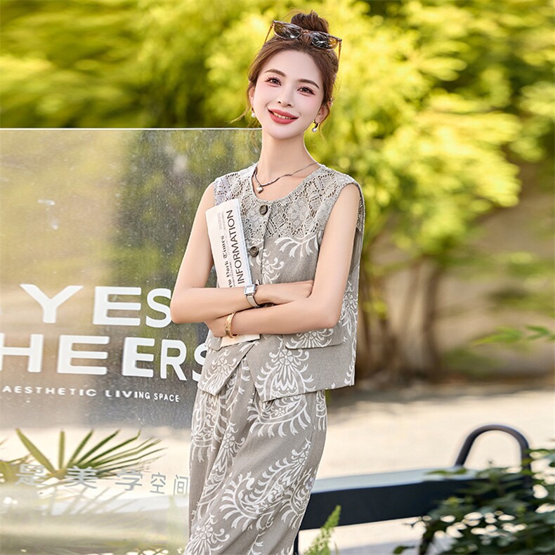 2026年夏季新款无袖时尚镂空领显瘦马甲阔腿裤气质套装女两件套装,女装套装/套裙,美沁