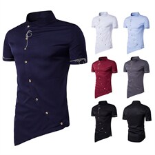 镂空外贸个性新款男士斜门襟尖下摆绅士服短袖立领衬衫A28P40，男装T恤，星座1314