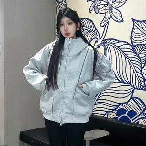 抖音得物高品质秋冬美式高街重磅结构辑明线纹理连帽卫衣外套W111图片