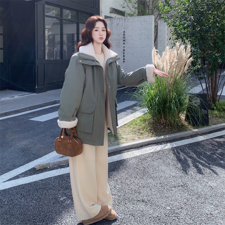 绿色羊羔毛翻领派克服女2025年冬季新款韩系休闲加绒加厚棉衣外套,女装短外套,2C153