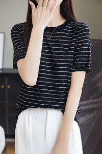 黑白条针织T恤女夏季时尚洋气减龄薄款圆领短袖别致气质百搭上衣图片