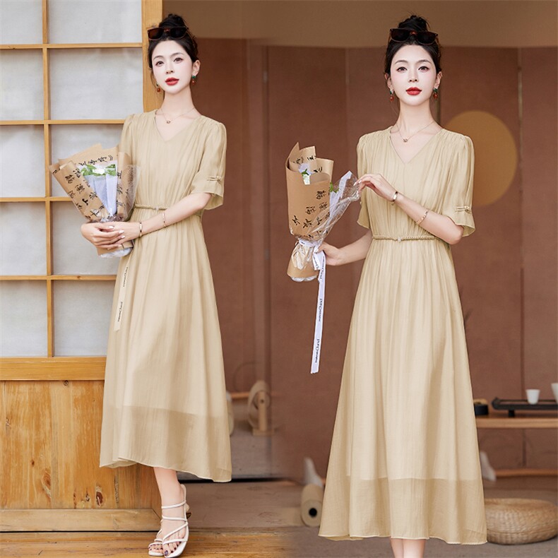 高级感天丝棉连衣裙女2024夏季新款收腰显瘦温柔淑女气质通勤长裙，女装连衣裙，韩然一族