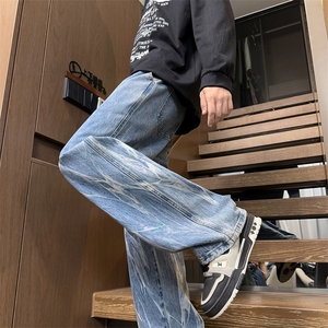 美式复古扎染牛仔裤男款春季新款宽松直筒阔腿休闲高街J8081-P45图片