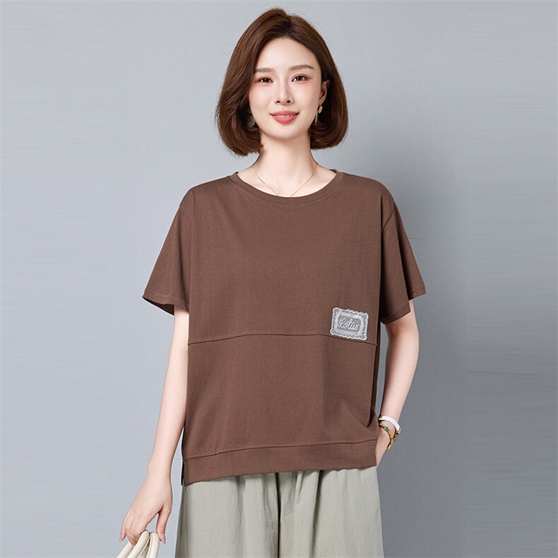 短袖T恤女夏季2025年新款中年妈妈大码宽松休闲圆领百搭体恤上衣,女装T恤,秋牧寒烟