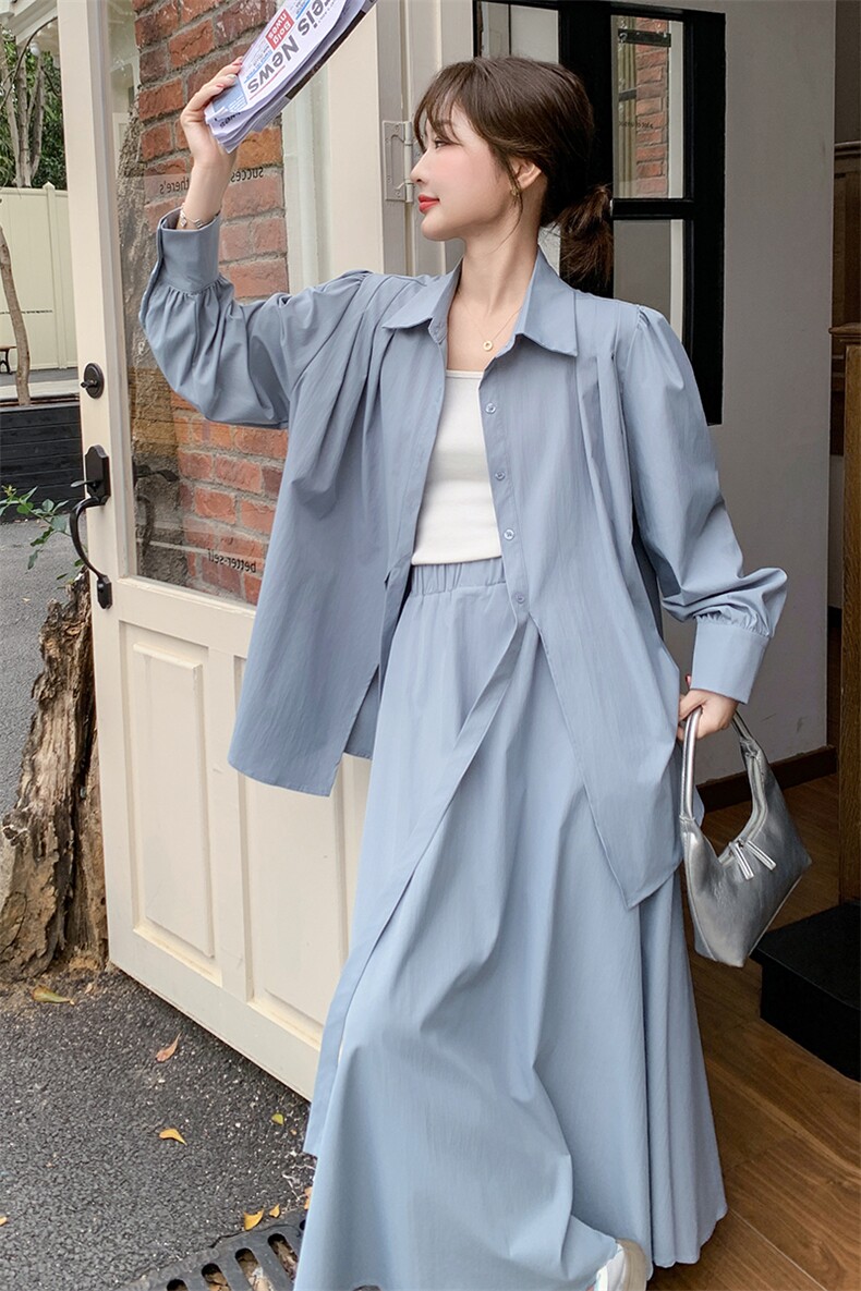 蓝色高级感衬衫套装裙女2025春新款韩系chic简约休闲半身裙两件套,女装套装/套裙,2C051