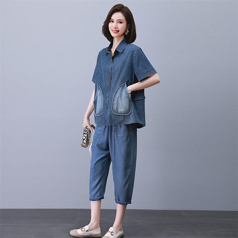 2023夏季新款时尚气质翻领显瘦休闲舒适牛仔两件套,女装套装/套裙,独衣靓