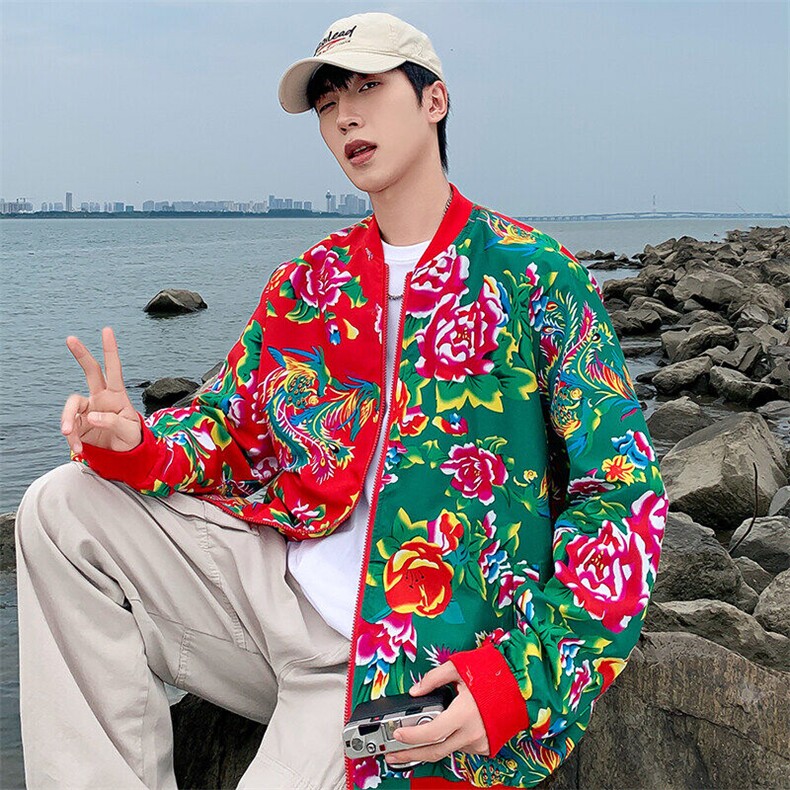 J01男女棒球领夹克外套东北大花汉服开衫左右拼接撞色潮春装,男装夹克,星座115A(原星座507）