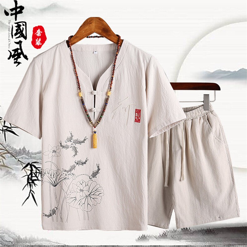 夏季男装短袖T恤亚麻短裤夏装棉麻套装QT2026-904-P45,男装牛仔裤,星座1512