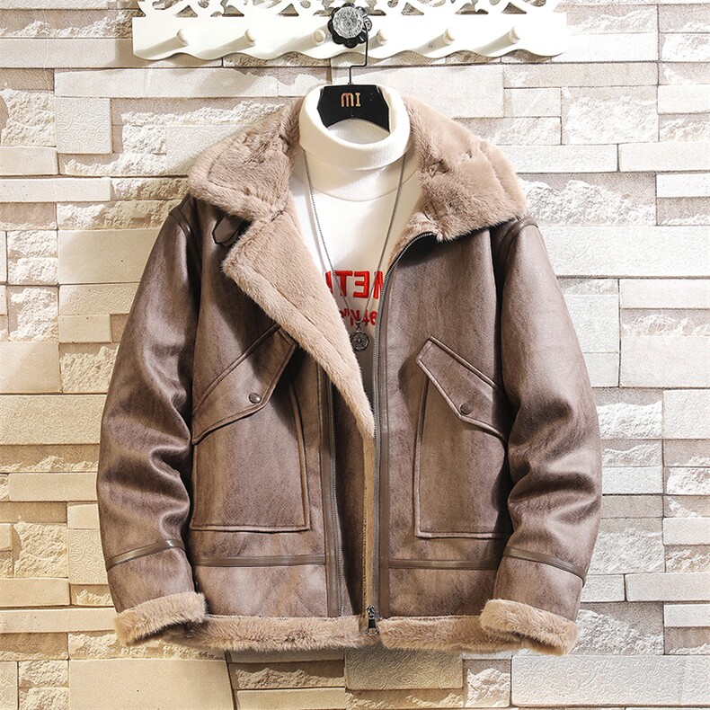 2025新款皮毛一体男士保暖外套加厚翻领夹克棉衣8905p255，男装夹克，电商A203-1