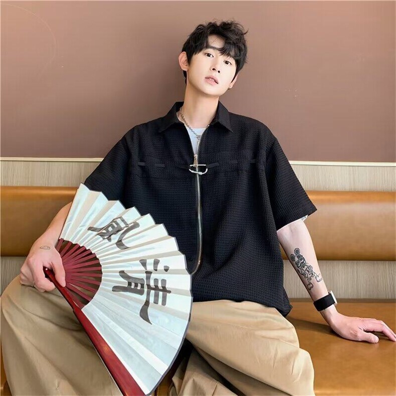 CLH28-P32夏季时尚休闲修身短袖开衫拉链衬衫男百搭宽松半袖衬衣，男装T恤，星座1503-1