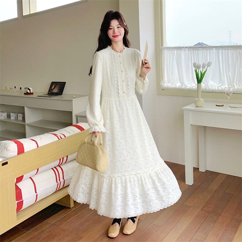 米白色法式蕾丝长袖连衣裙女2025春季新款复古温柔风气质超仙长裙，女装连衣裙，2C198