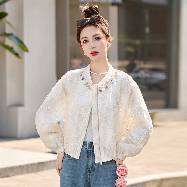 棒球服女2025开春新款小个子休闲百搭洋气小香风白色短款蕾丝外套,女装短外套,依如秀(原杭风阁)
