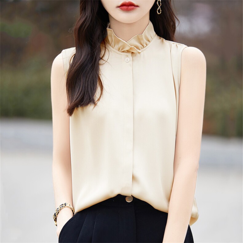 女士气质优雅时尚无袖木耳边衬衫，女装衬衫，臻维羊绒