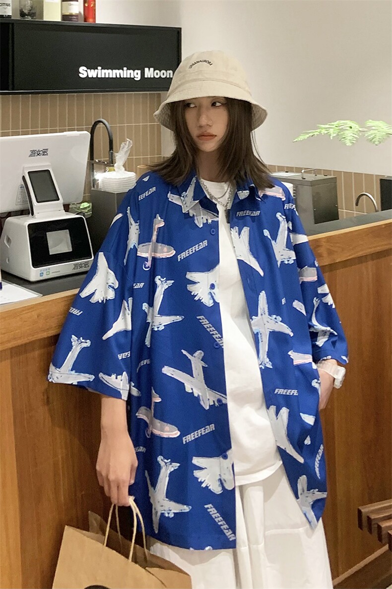 夏季潮流小飞机满印ins衬衫男新款冰丝情侣装A071-C35-P38,男装衬衫,电商A071