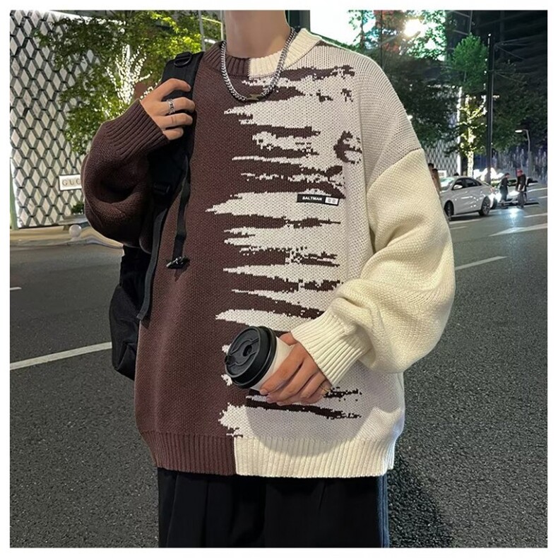 毛衣男秋冬拼接撞色针织衫日系复古宽松慵懒休闲外套MY7022-P45,男装针织衫/毛衣,星座308B-1