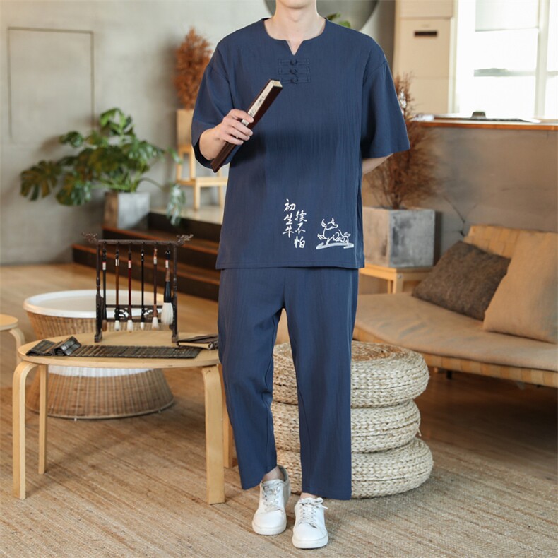 2021夏新风咖啡厅盘扣装饰亚麻男大码印花短袖套装TZ001-P60图片