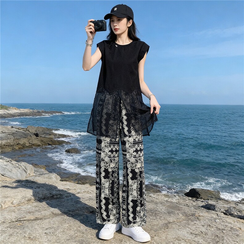 慵懒风减龄时尚套装女夏新款遮肚显瘦无袖网纱拼接上衣长裤两件套，女装套装/套裙，江南