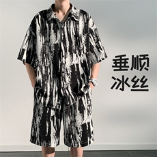 水墨冰丝休闲运动套装男生穿搭一整套夏威夷花衬衫短袖短裤夏薄款，男装休闲套装，电商A001
