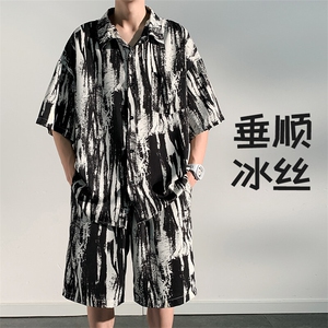 水墨冰丝休闲运动套装男生穿搭一整套夏威夷花衬衫短袖短裤夏薄款图片