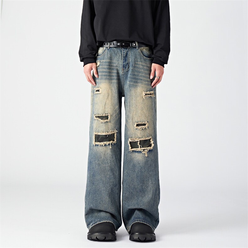 美式街头做旧拼接破洞刮烂贴布牛仔裤男女休闲潮流百搭长裤潮，男装牛仔裤，星座410-6（原星座1304-1）