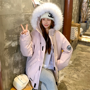 CC929-P130秋冬户外工装毛领棉服大码女绿色棉衣连帽防风派克外套图片