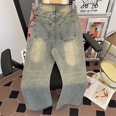 美式复古高街宽松水洗牛仔裤男秋冬刺绣微喇直筒裤潮N501-P48，男装牛仔裤，星座308B-1