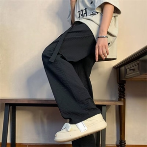 潮牌春秋季薄款华夫格系带纯色长裤男女直筒宽松休闲裤K89/P44图片