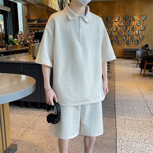 夏季大码潮牌提花翻领半拉链POLO衫男宽松潮流痞帅薄款运动两件套图片