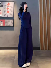 女初秋新款休闲运动套装气质减龄修身立领纯色上衣阔腿长裤两件套，女装套装/套裙，江南