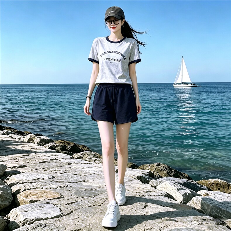 休闲时尚运动套装女夏新款圆领字母印花短袖上衣蓝色短裤两件套潮,女装套装/套裙,江南