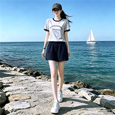 休闲时尚运动套装女夏新款圆领字母印花短袖上衣蓝色短裤两件套潮，女装套装/套裙，江南