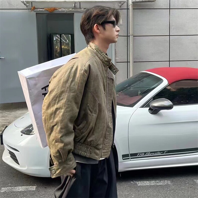 现货蜡洗龟裂纹两色高品质水洗做旧PU皮夹克W2509，男装夹克，电商C313