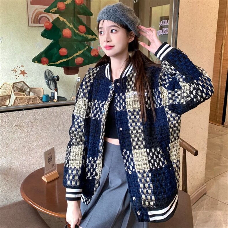 新款小香风美式复古格子外套女潮牌高街痞帅棒球服夹克JK481-P65,男装夹克,星座1008