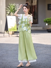 高端小香风时尚套装女2025夏季新款洋气减龄短袖假两件上衣阔腿裤，女装套装/套裙，艾仟回(原伊仟回)