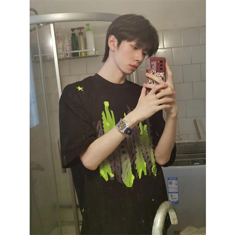 欧美高街重磅硬挺t恤男生夏季穿搭ootd短袖美式潮牌小领口七分袖,男装T恤,四季星座1015