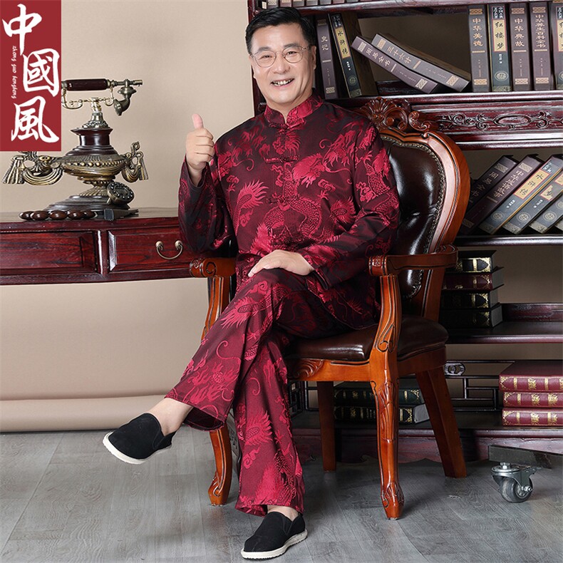 风中老年唐装男士春夏款大龙长袖套装丝绸衬衫，男装中老年男装，钱塘723