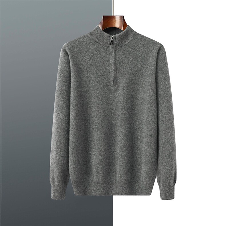 2024年秋季宽松青春流行长袖宽松纯绒男半高领拉链套头羊绒衫男装，男装羊绒套衫，羿纯羊绒高端店